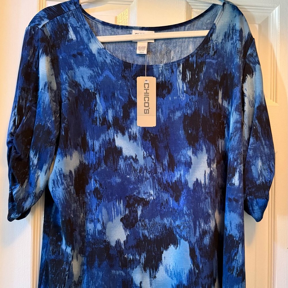 CHICO’S TRAVELERS Ocean IKAT Pavlova Elbow Blouse-Size 3 (XL)